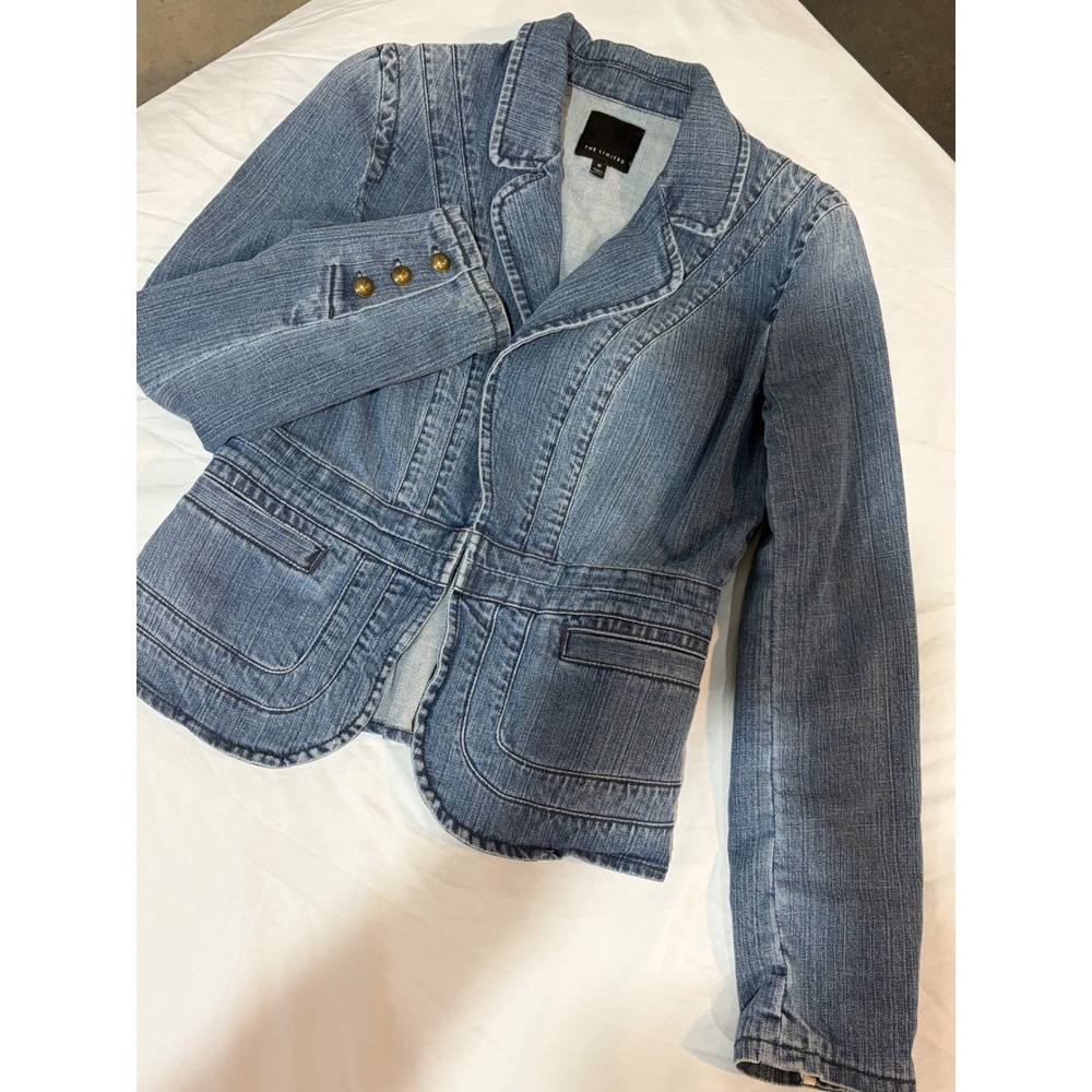 The Limited Womens Medium Wash Denim Peplum Blazer Jacket Size M Brass Buttons